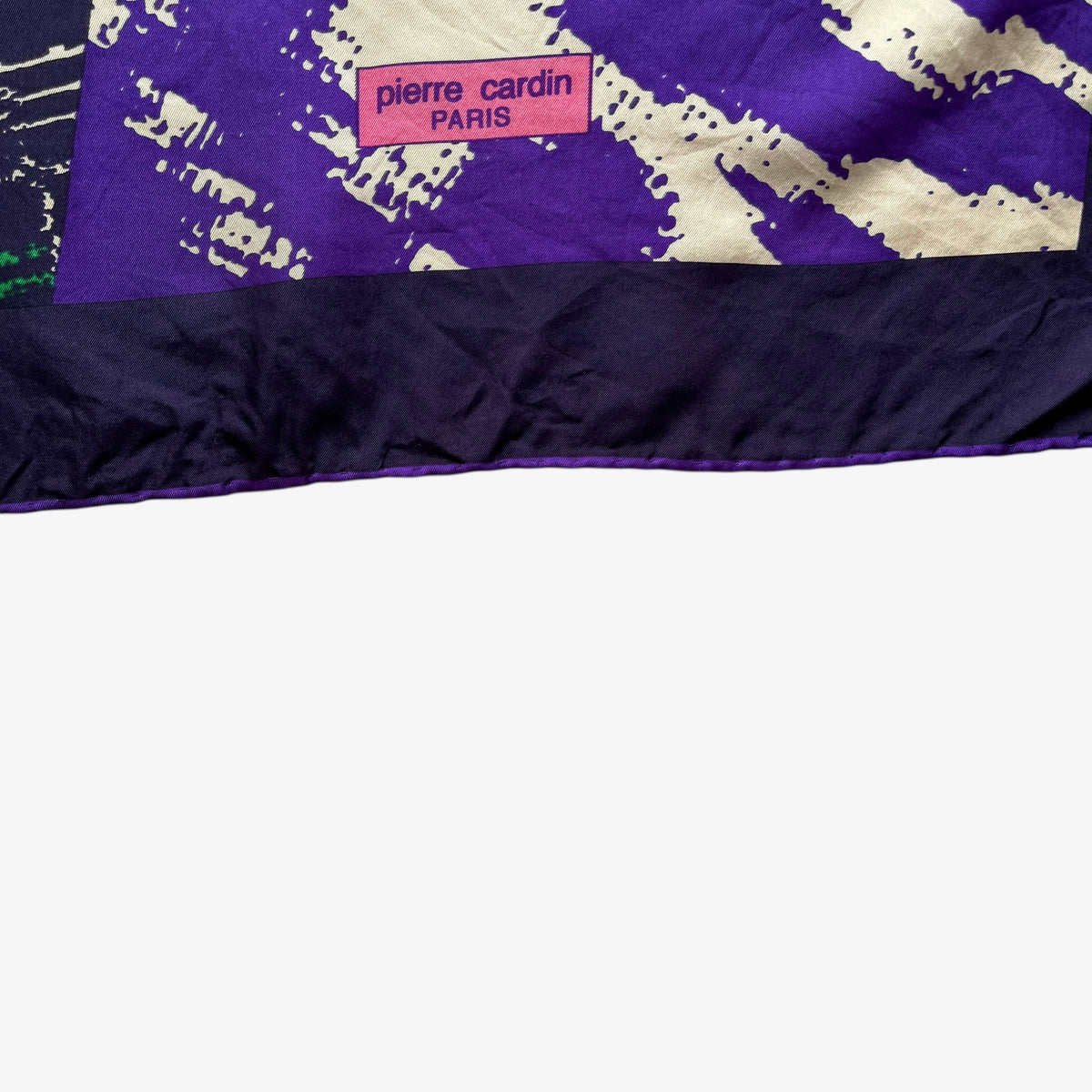 Pierre Cardin Paris spell out logo on women's vintage 90s colourful abstract print purple silk scarf.
