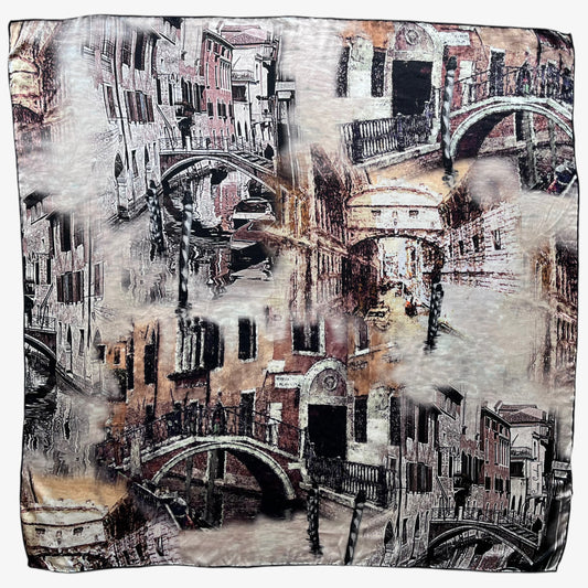 Women's vintage 90s Pierre Cardin Venice city painting print silk scarf.