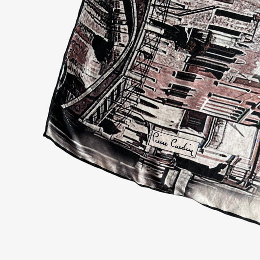 Pierre Cardin spell out logo on women's vintage 90s Venice city painting print silk scarf.