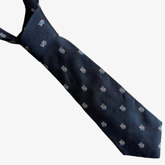 Vintage 90s Polo Ralph Lauren Geometric University Crest Print Black Silk Tie - Casspios Dream