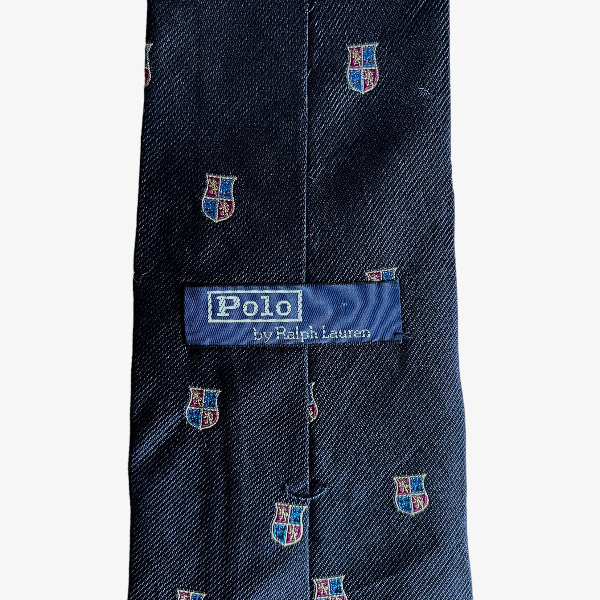 Vintage 90s Polo Ralph Lauren Geometric University Crest Print Black Silk Tie Label - Casspios Dream