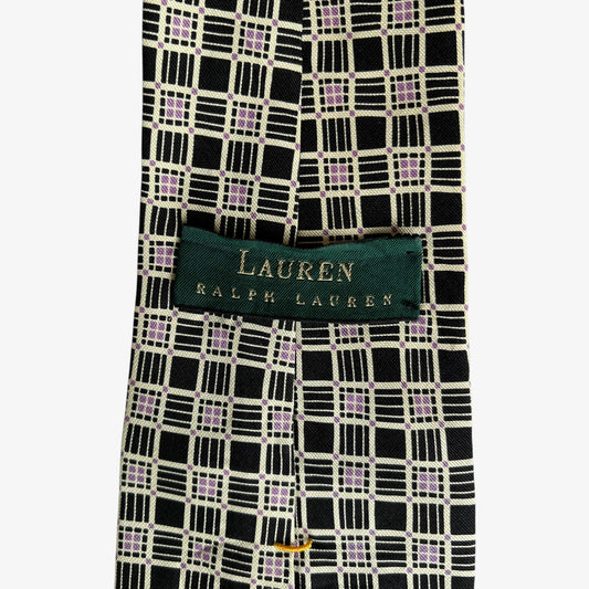 Vintage 90s Ralph Lauren Black And Pink Geometric Square Print Silk Tie Label - Casspios Dream
