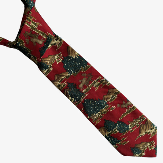 Vintage 90s Ralph Lauren Chaps Reindeer And Christmas Tree Print Red Silk Tie - Casspios Dream