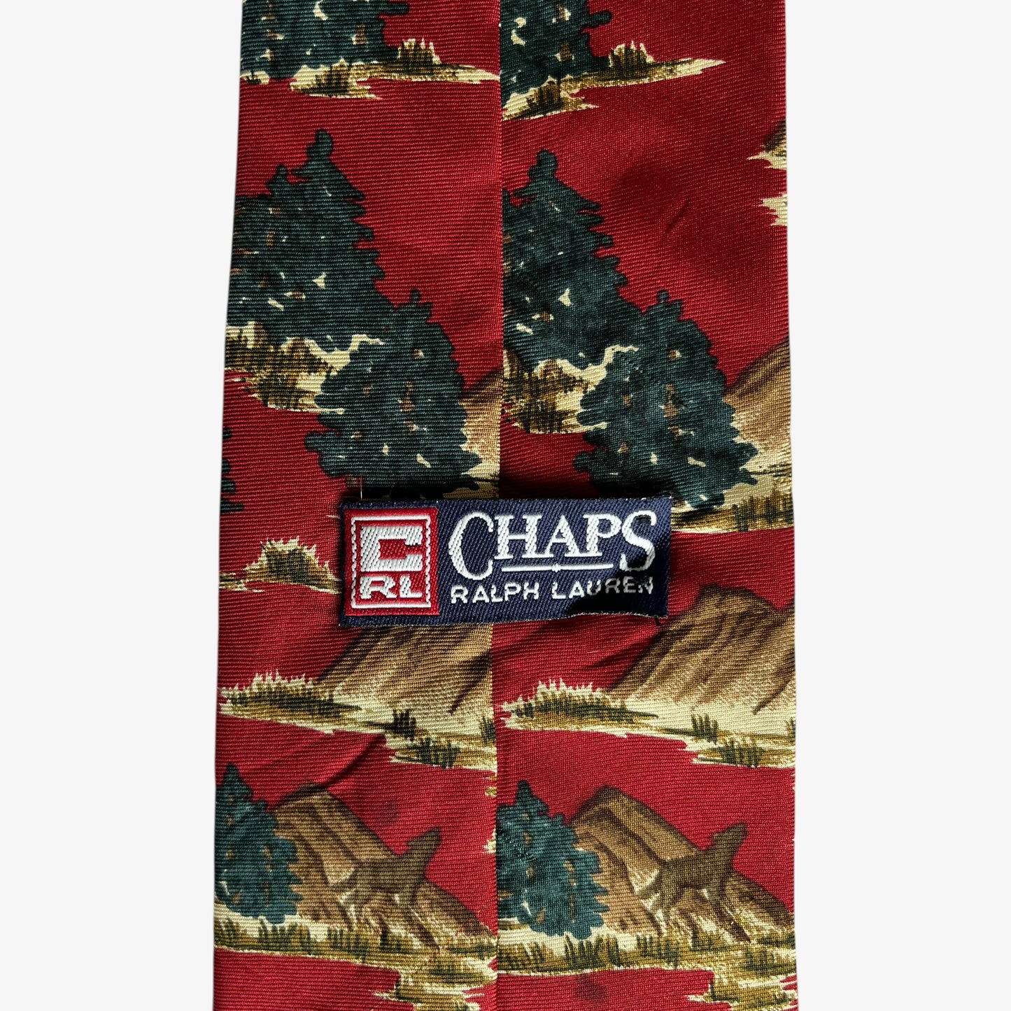 Vintage 90s Ralph Lauren Chaps Reindeer And Christmas Tree Print Red Silk Tie Label - Casspios Dream