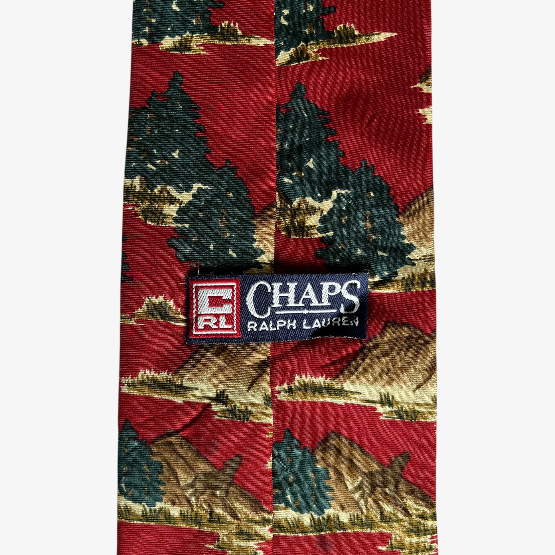 Vintage 90s Ralph Lauren Chaps Reindeer And Christmas Tree Print Red Silk Tie Label - Casspios Dream