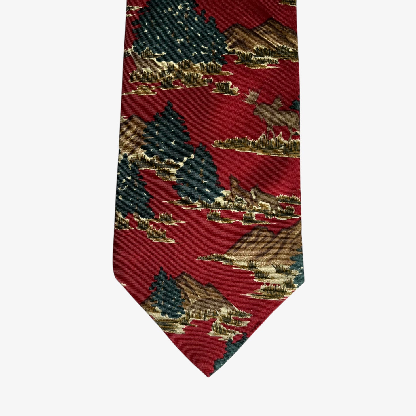 Vintage 90s Ralph Lauren Chaps Reindeer And Christmas Tree Print Red Silk Tie Novelty - Casspios Dream
