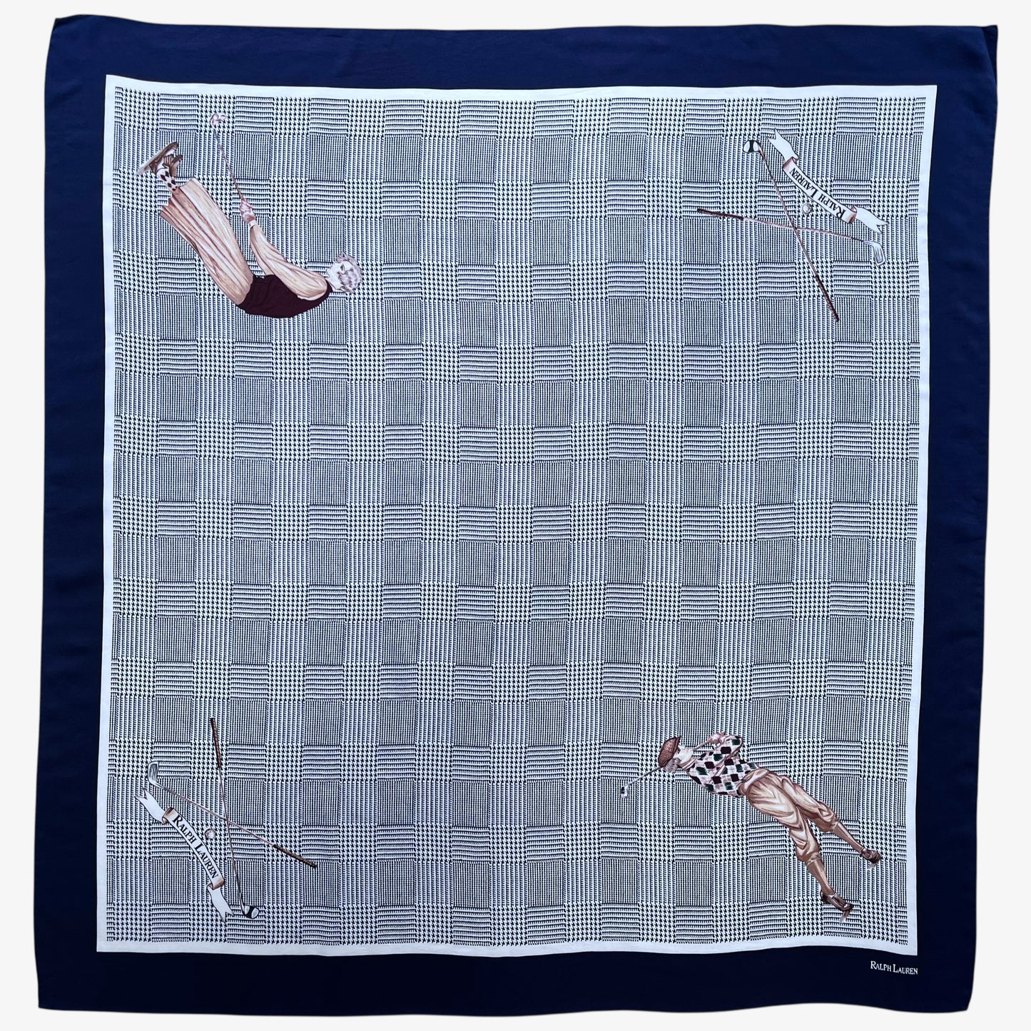 Vintage 90s women's Ralph Lauren golf player and houndstooth print navy silk scarf.