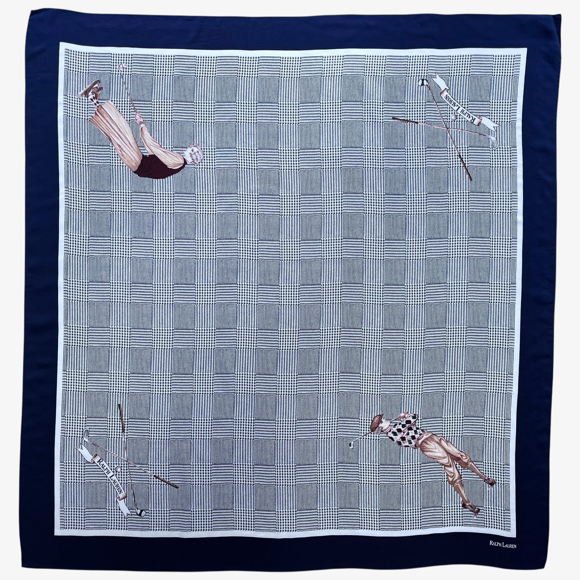 Vintage 90s women's Ralph Lauren golf player and houndstooth print navy silk scarf.