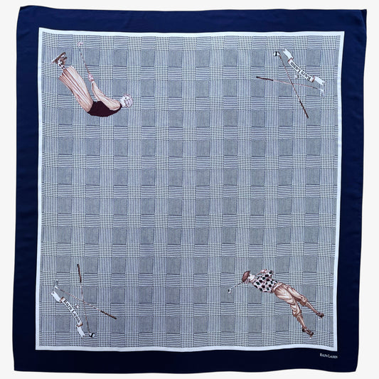 Vintage 90s women's Ralph Lauren golf player and houndstooth print navy silk scarf.