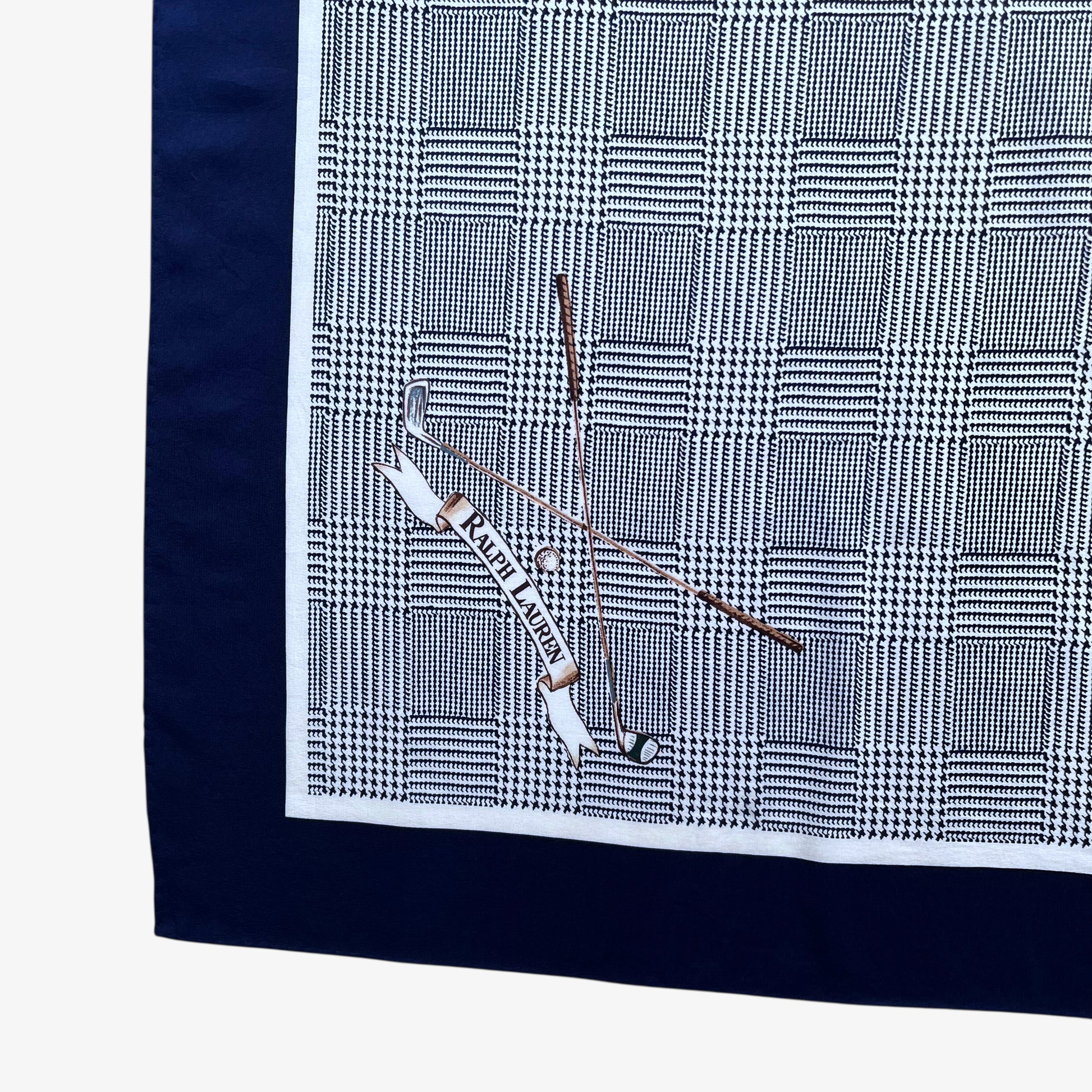 Printed spell out on vintage 90s women's Ralph Lauren golf player and houndstooth print navy silk scarf.
