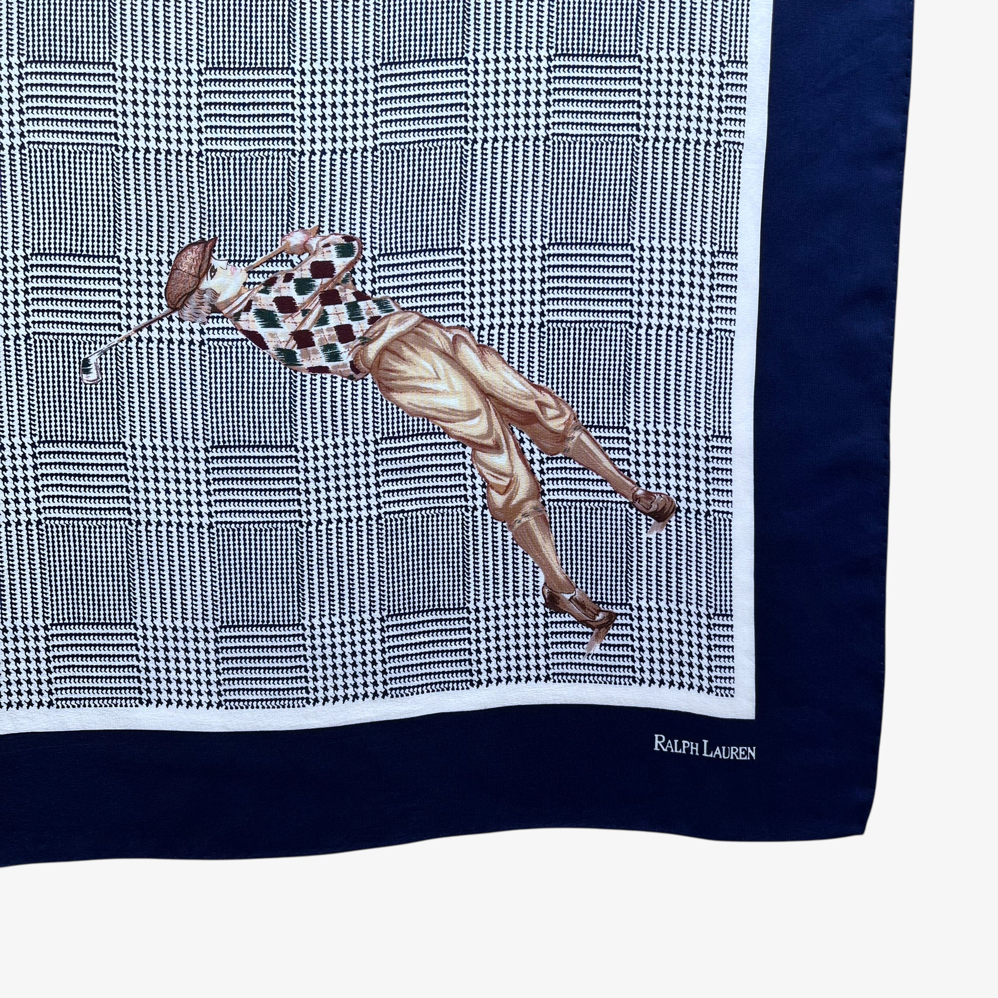 Logo of vintage 90s women's Ralph Lauren golf player and houndstooth print navy silk scarf.