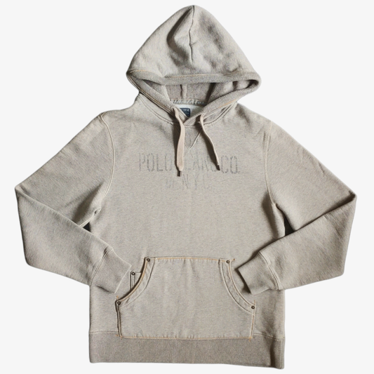 A vintage 90s men's Ralph Lauren Polo Jeans Company hoodie in grey with a front pouch pocket, ribbed cuffs, and a hood.