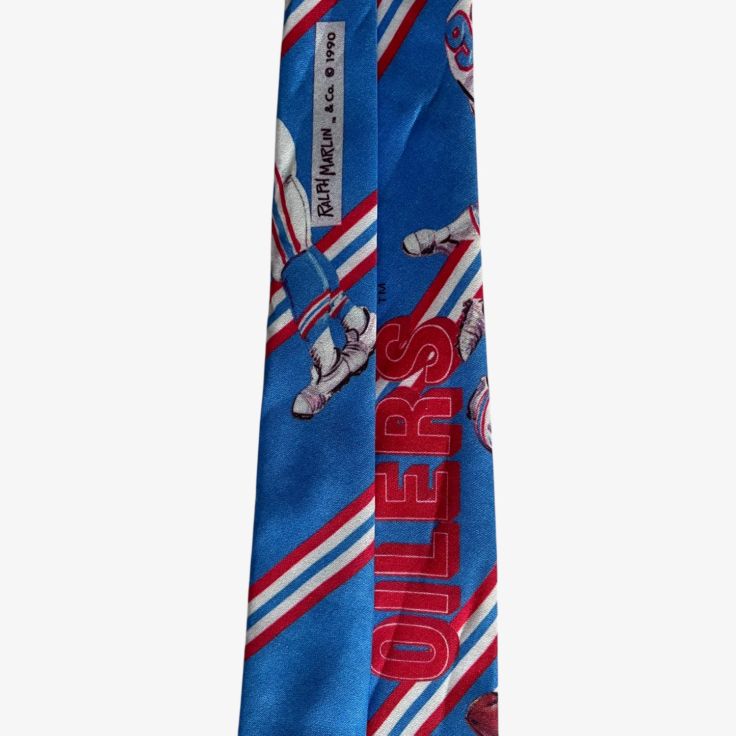 Vintage 90s Ralph Marlin 1990 NFL Houston Oilers Print Blue Polyester Tie Tag - Casspios Dream