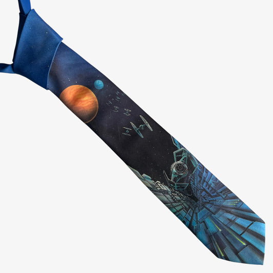 Vintage 90s Ralph Marlin 1993 Star Wars TIE Fighter Death Star Battle Print Polyester Tie - Casspios Dream