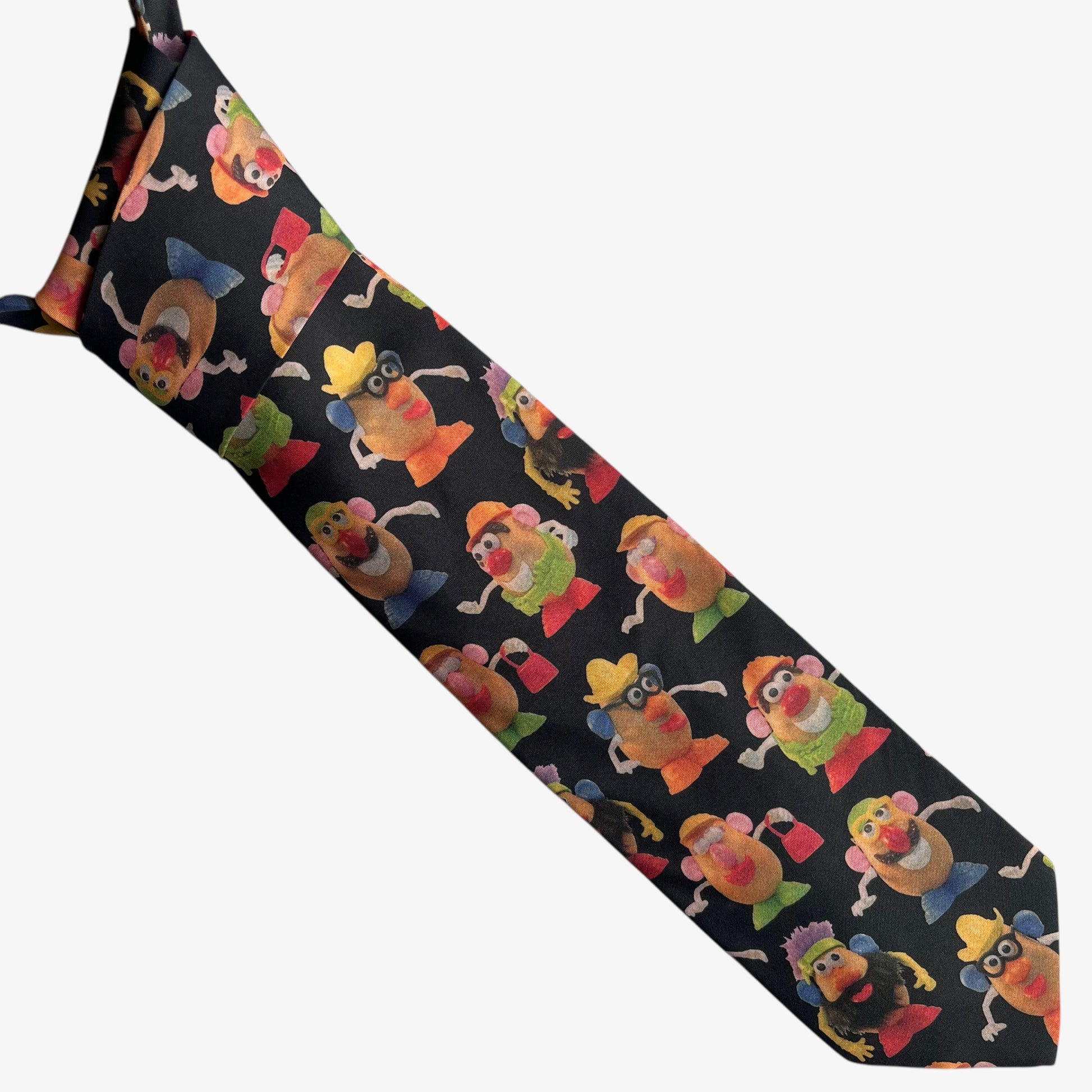Vintage 90s Ralph Marlin 1995 Hasbro Mr Potato Head Print Black Polyester Tie - Casspios Dream