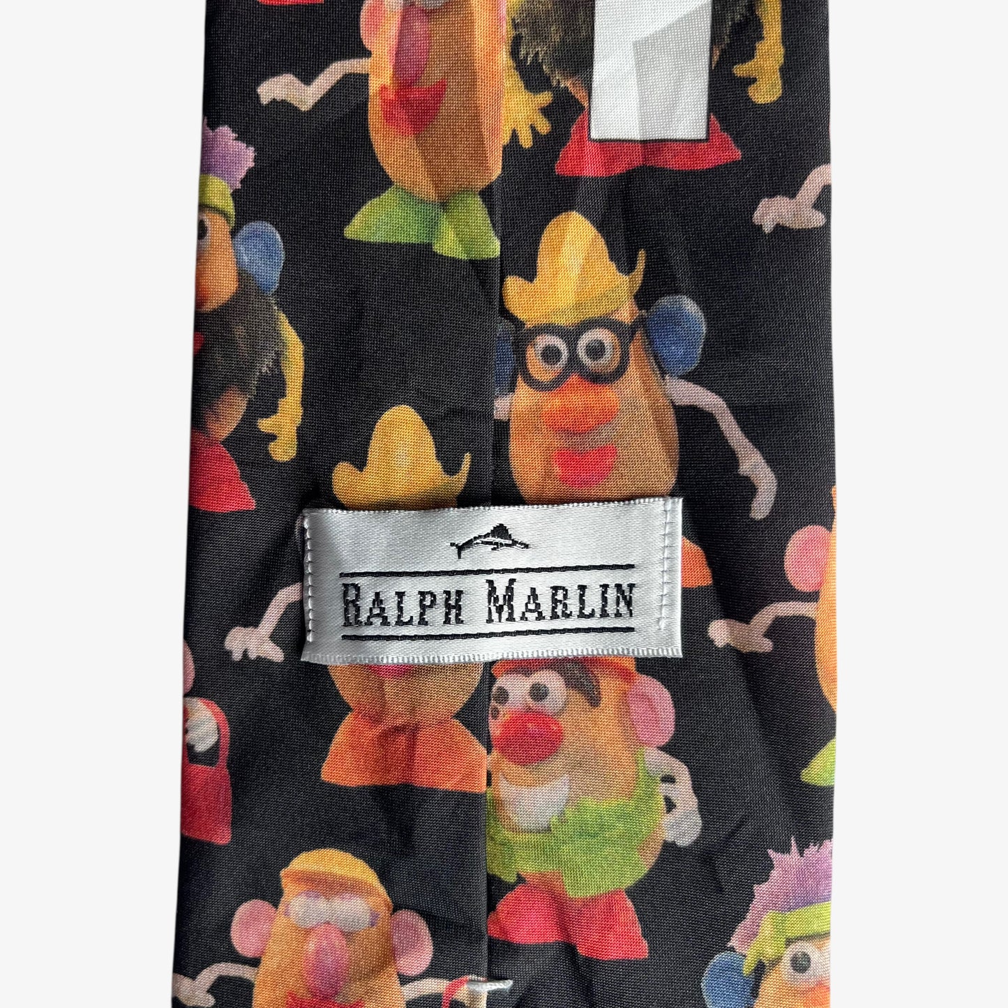Vintage 90s Ralph Marlin 1995 Hasbro Mr Potato Head Print Black Polyester Tie Label - Casspios Dream