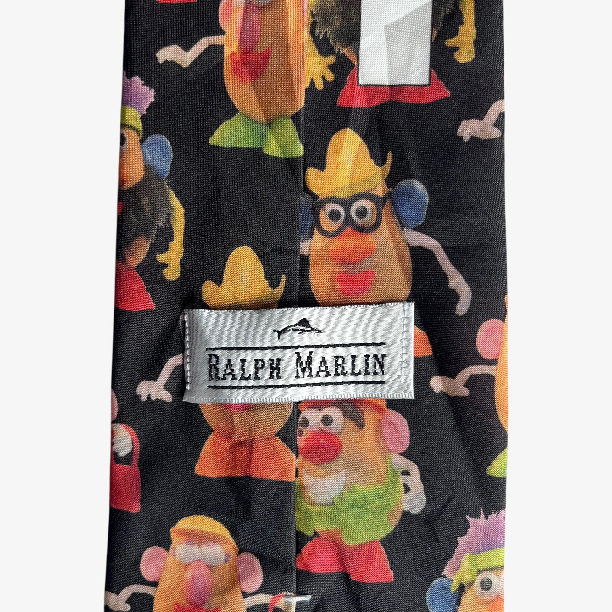 Vintage 90s Ralph Marlin 1995 Hasbro Mr Potato Head Print Black Polyester Tie Label - Casspios Dream