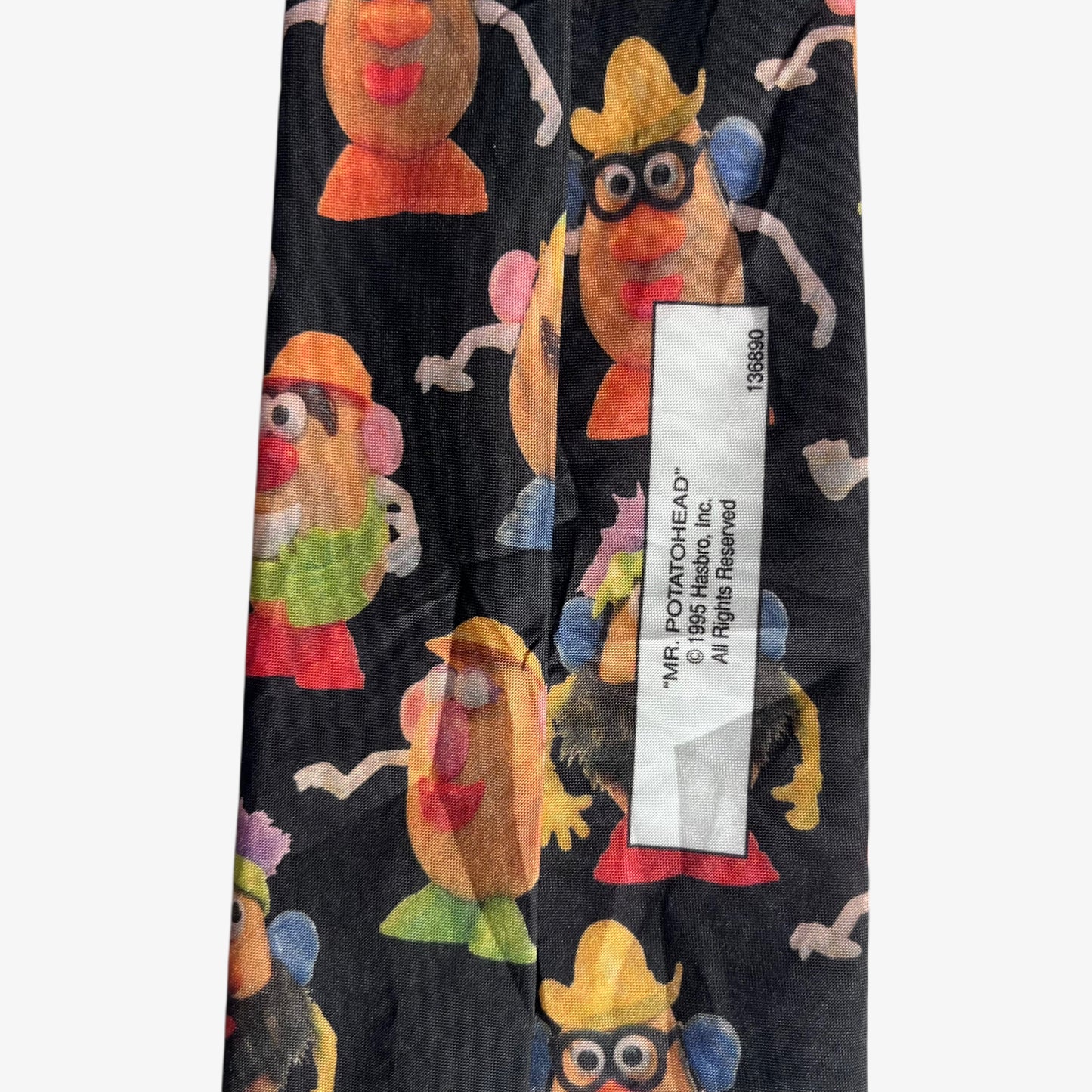 Vintage 90s Ralph Marlin 1995 Hasbro Mr Potato Head Print Black Polyester Tie Tag - Casspios Dream