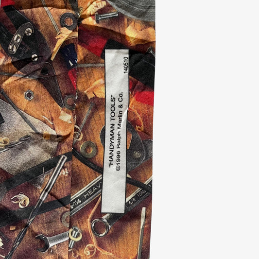 Vintage 90s Ralph Marlin 1996 Handyman Tools Print Polyester Tie Tag - Casspios Dream