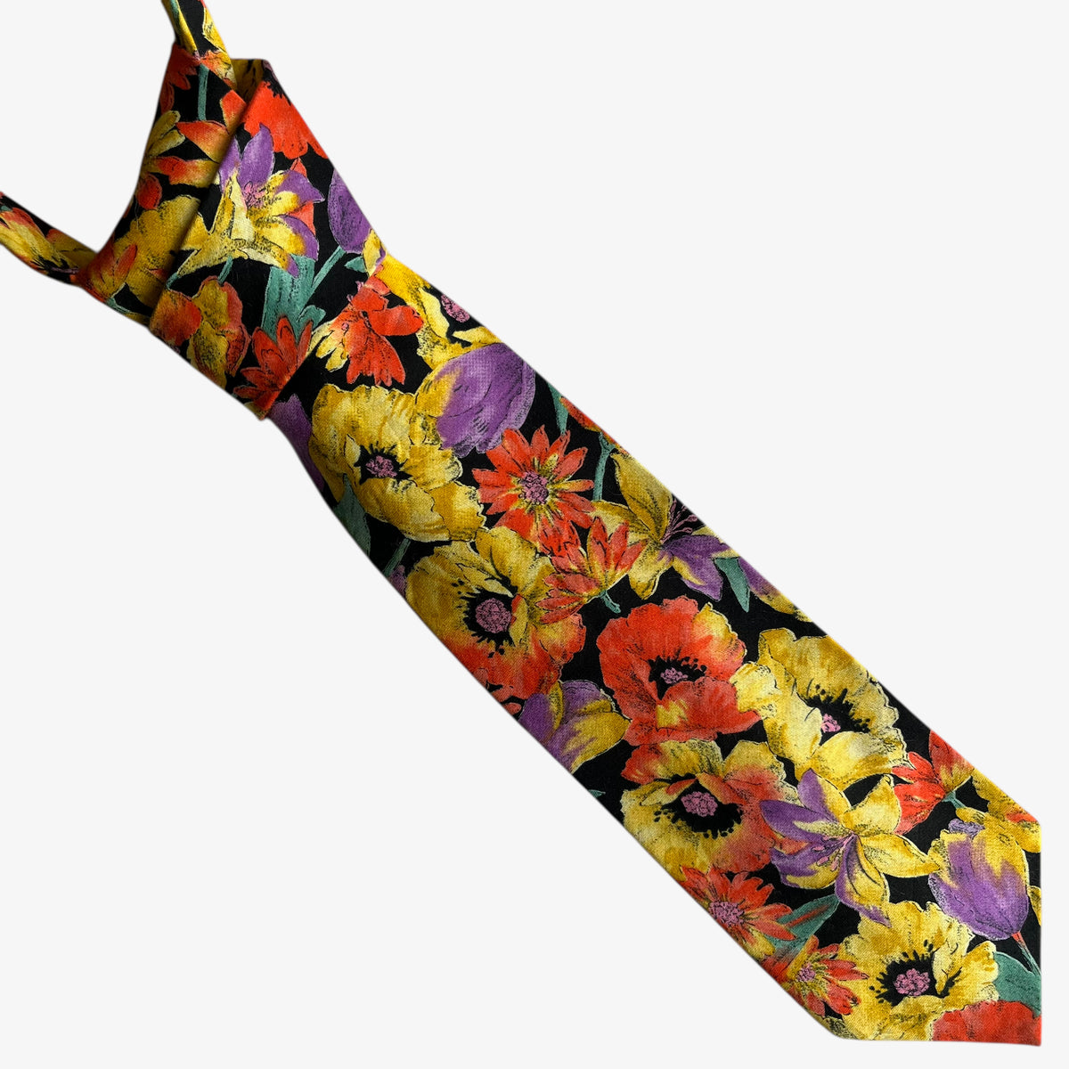 Vintage 90s Ralph Marlin Colourful Floral Print Black Tie - Casspios Dream