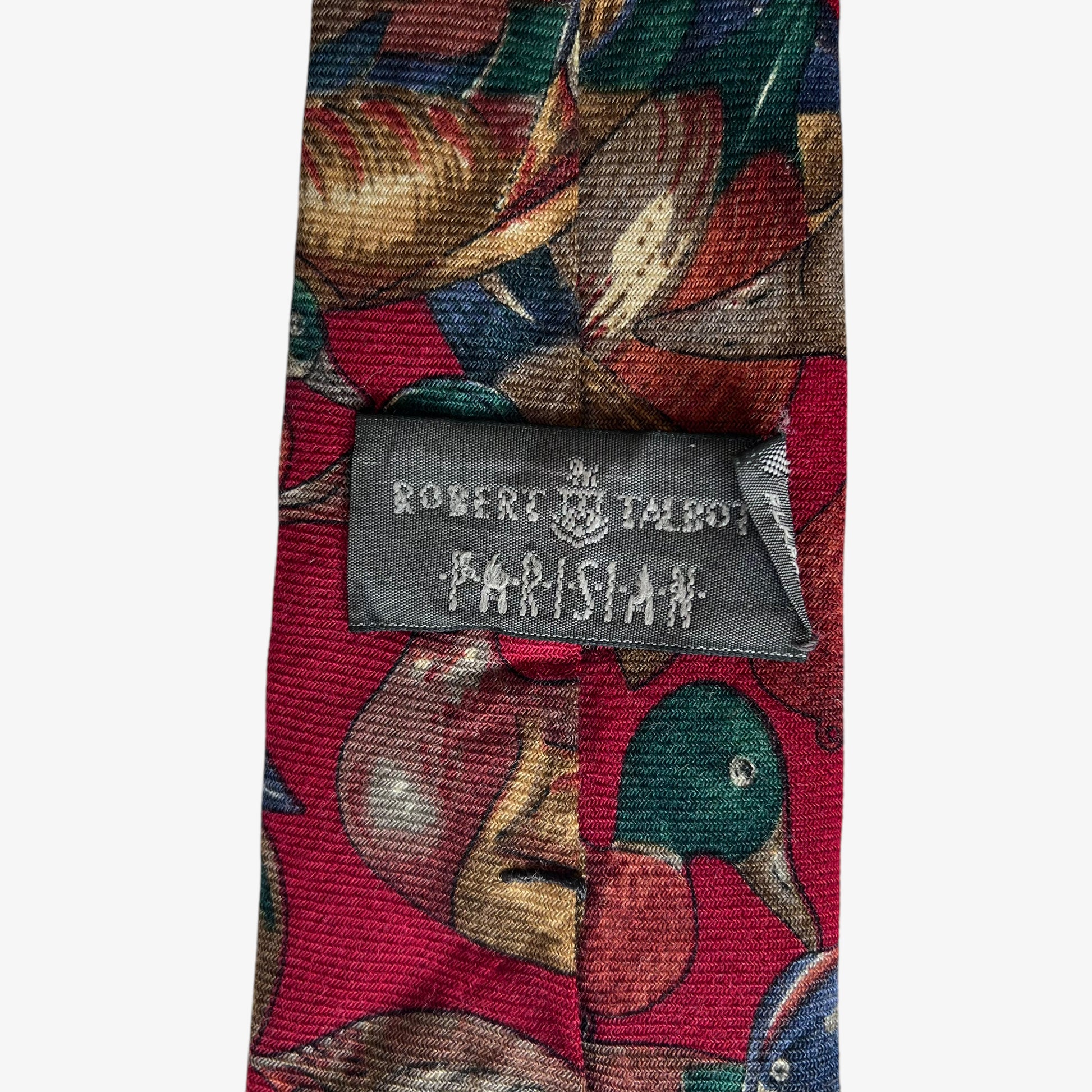 Vintage 90s Robert Talbott Duck Print Red Wool And Silk Blend Tie Label - Casspios Dream