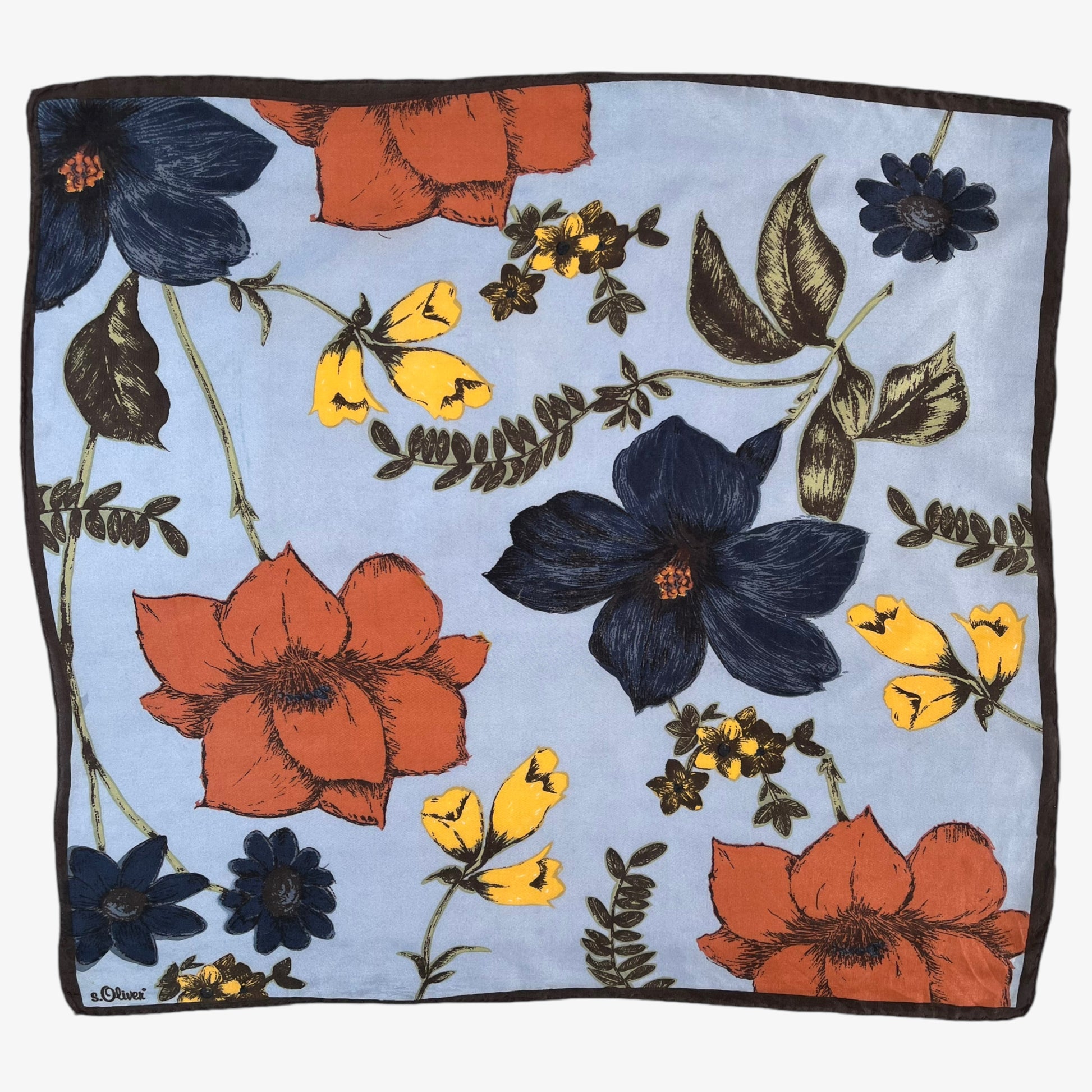 Vintage 90s S.Oliver Colourful Floral Print Blue Silk Scarf - Casspios Dream