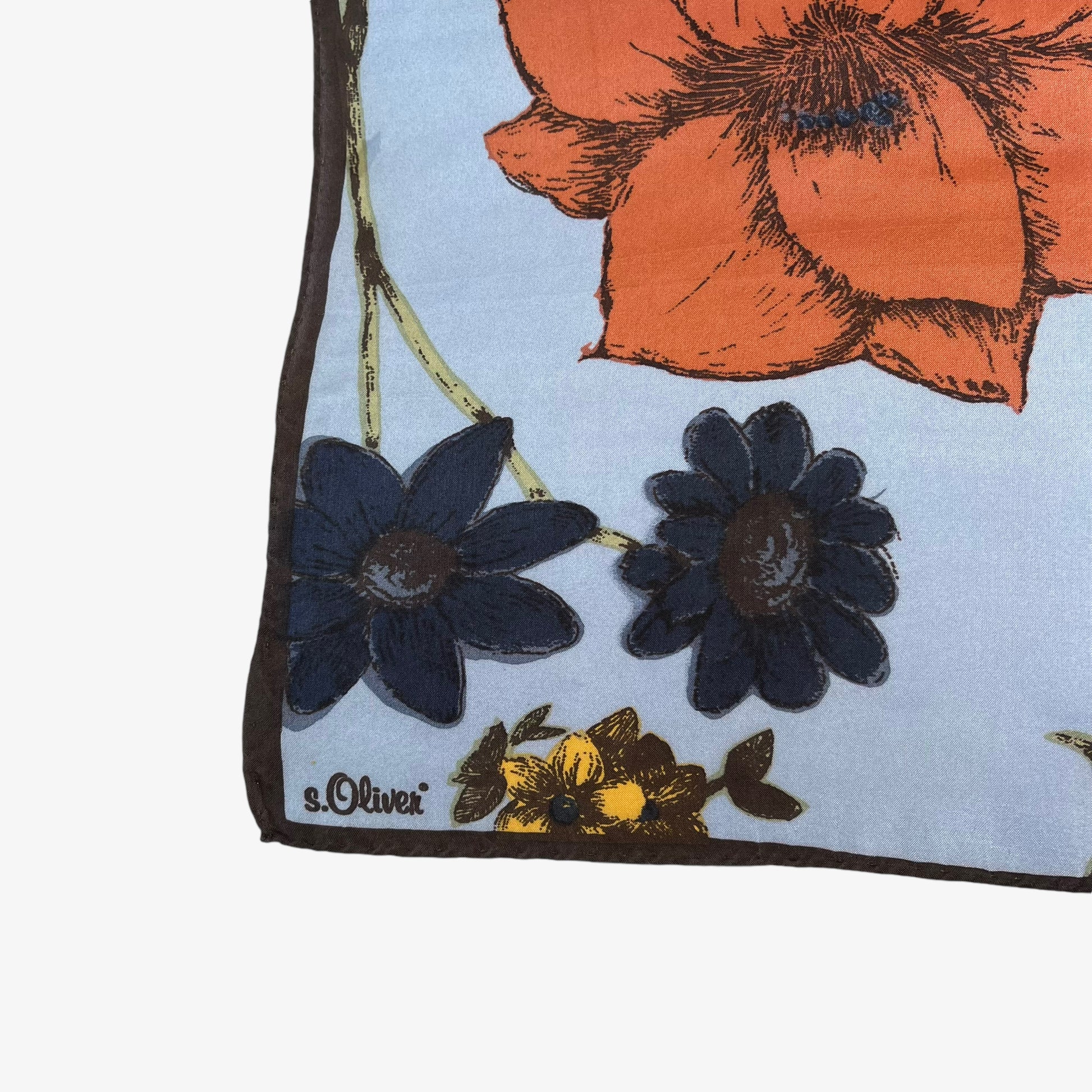 Vintage 90s S.Oliver Colourful Floral Print Blue Silk Scarf Logo - Casspios Dream
