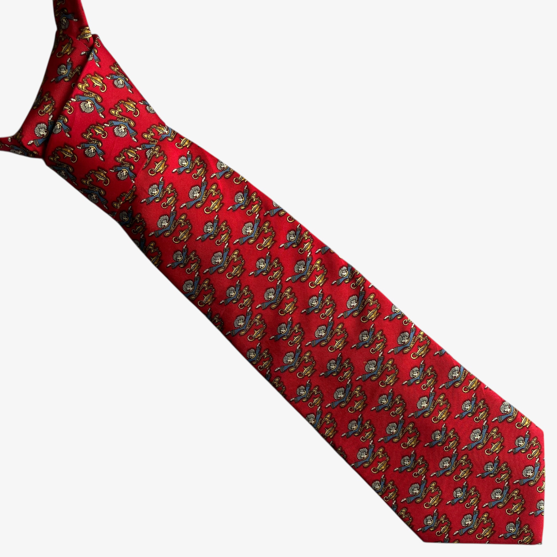 Vintage 90s Salvatore Ferragamo Genie Lamp Geometric Print Red Silk Tie - Casspios Dream
