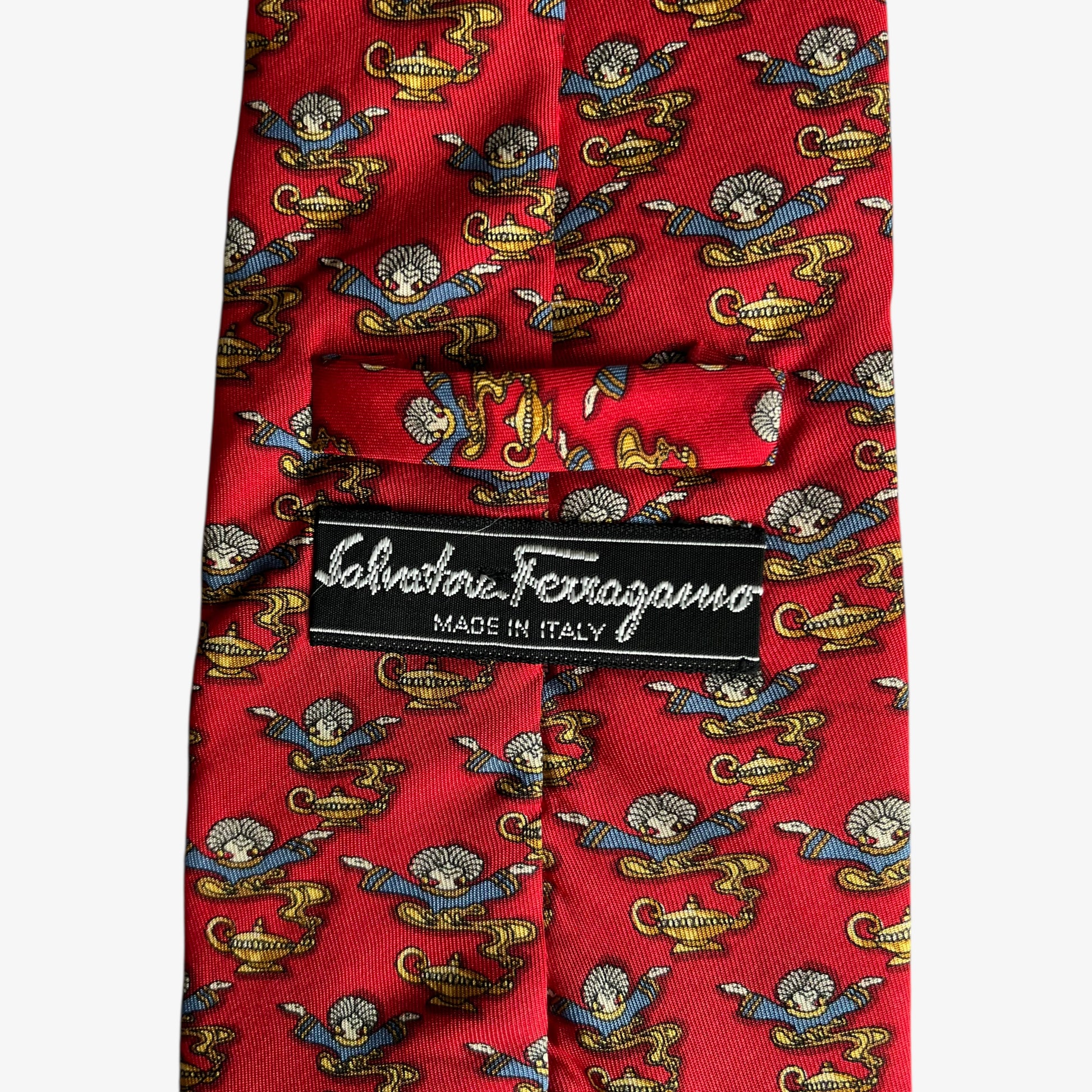 Vintage 90s Salvatore Ferragamo Genie Lamp Geometric Print Red Silk Tie Label - Casspios Dream
