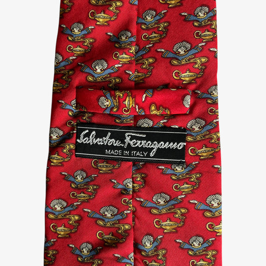 Vintage 90s Salvatore Ferragamo Genie Lamp Geometric Print Red Silk Tie Label - Casspios Dream