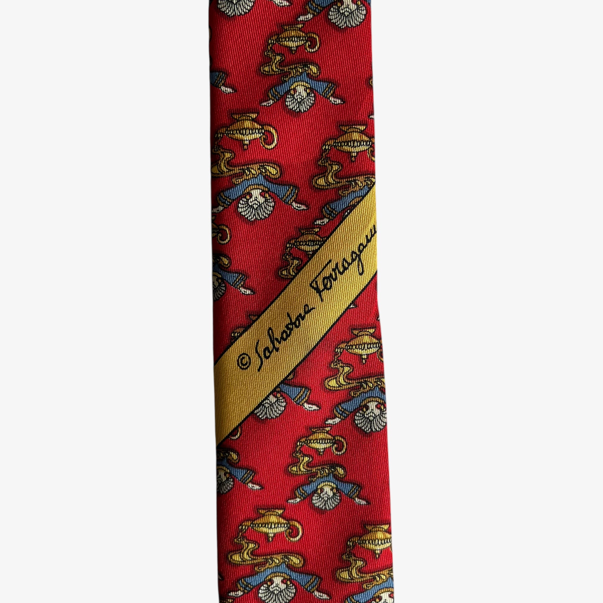 Vintage 90s Salvatore Ferragamo Genie Lamp Geometric Print Red Silk Tie Logo - Casspios Dream