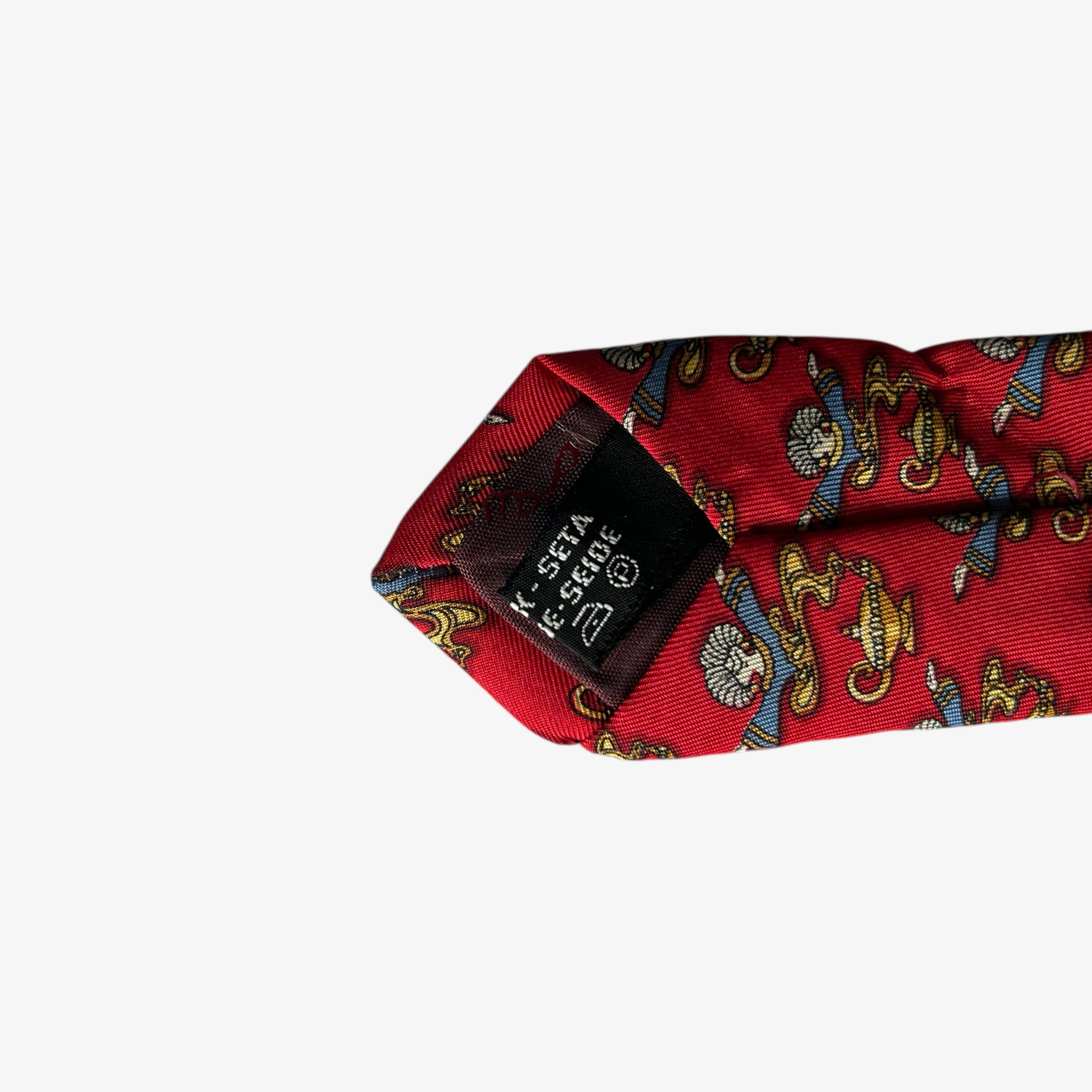 Vintage 90s Salvatore Ferragamo Genie Lamp Geometric Print Red Silk Tie Made In Italy - Casspios Dream