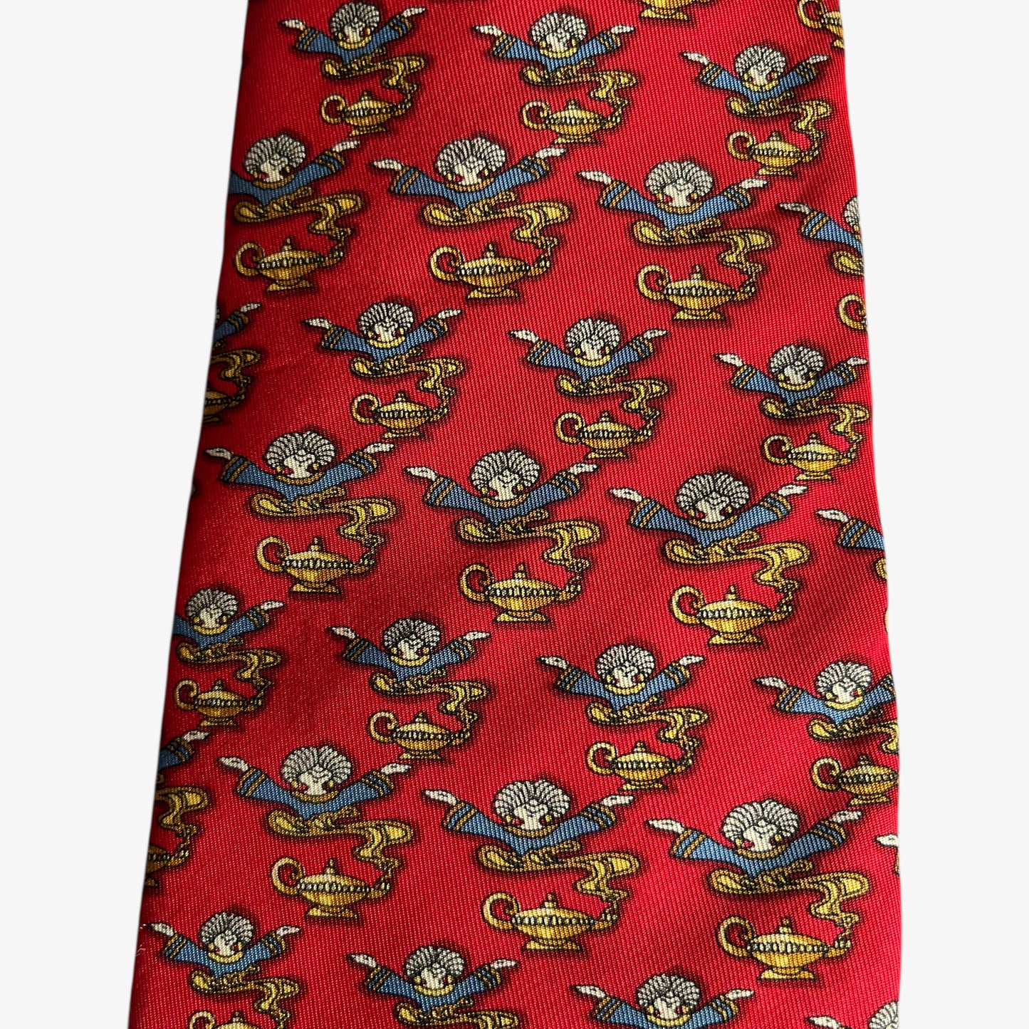 Vintage 90s Salvatore Ferragamo Genie Lamp Geometric Print Red Silk Tie Novelty - Casspios Dream