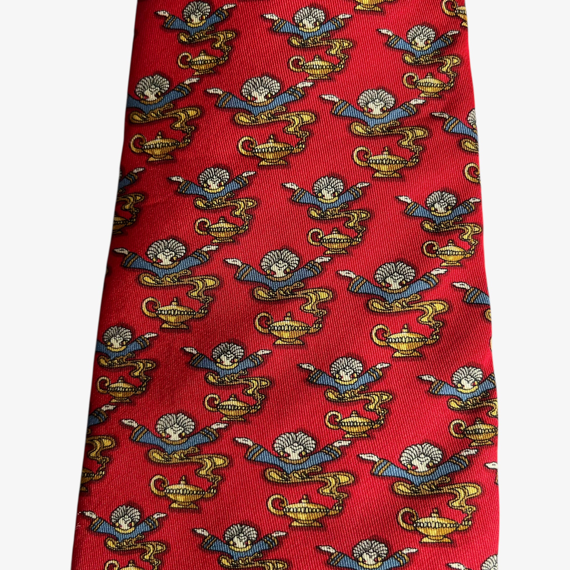 Vintage 90s Salvatore Ferragamo Genie Lamp Geometric Print Red Silk Tie Novelty - Casspios Dream