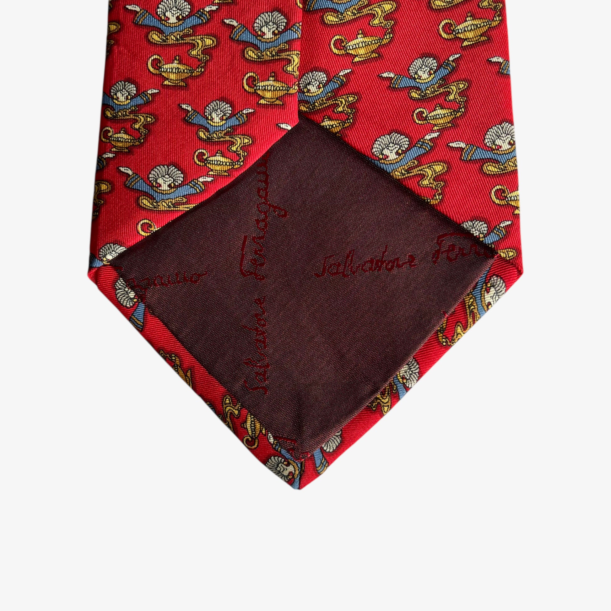 Vintage 90s Salvatore Ferragamo Genie Lamp Geometric Print Red Silk Tie Tag - Casspios Dream