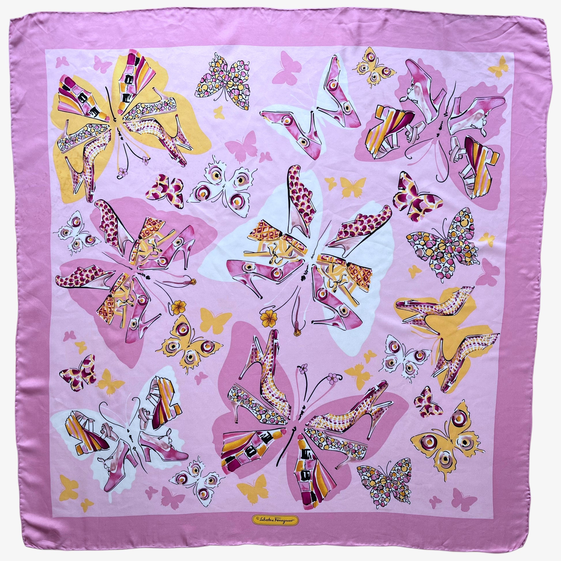 Women's vintage 90s Salvatore Ferragamo high heel shoe butterfly print pink silk scarf.