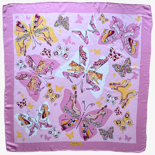 Women's vintage 90s Salvatore Ferragamo high heel shoe butterfly print pink silk scarf.