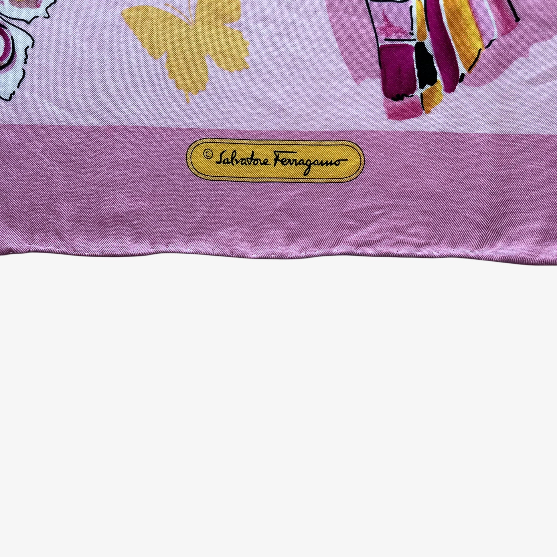 Salvatore Ferragamo spell out logo on women's vintage 90s high heel shoe butterfly print pink silk scarf.
