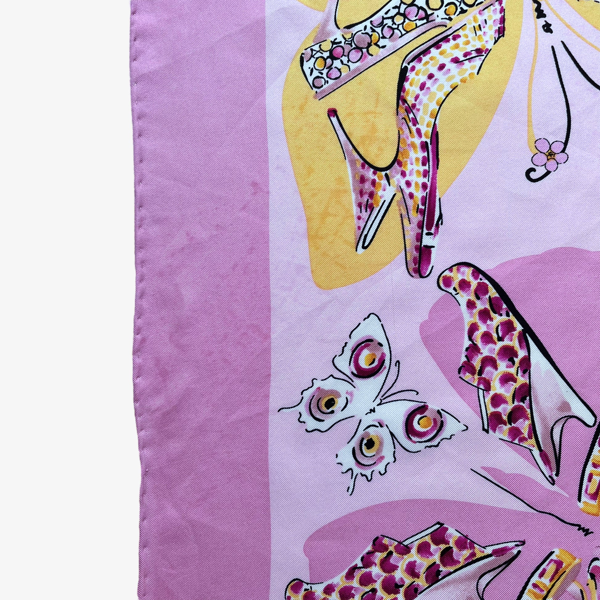 Patina on women's vintage 90s Salvatore Ferragamo high heel shoe butterfly print pink silk scarf.