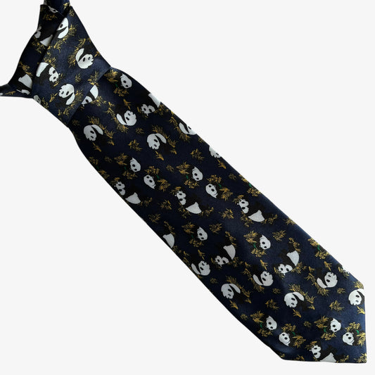Vintage 90s Sendesen Geometric Panda Print Navy Silk Tie - Casspios Dream