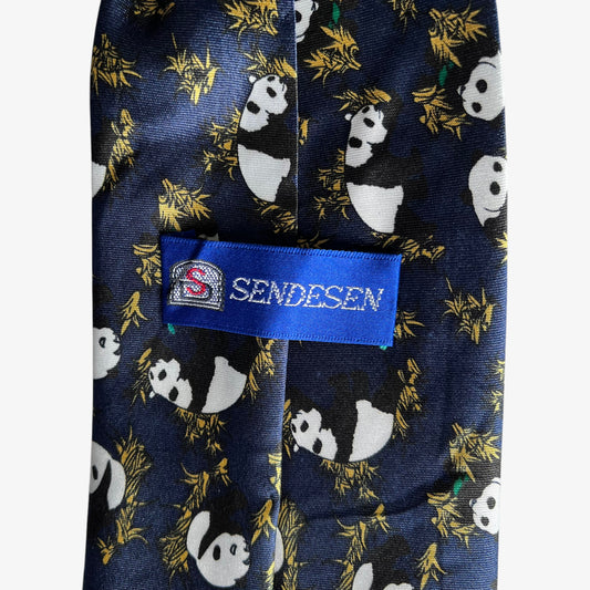 Vintage 90s Sendesen Geometric Panda Print Navy Silk Tie Label - Casspios Dream
