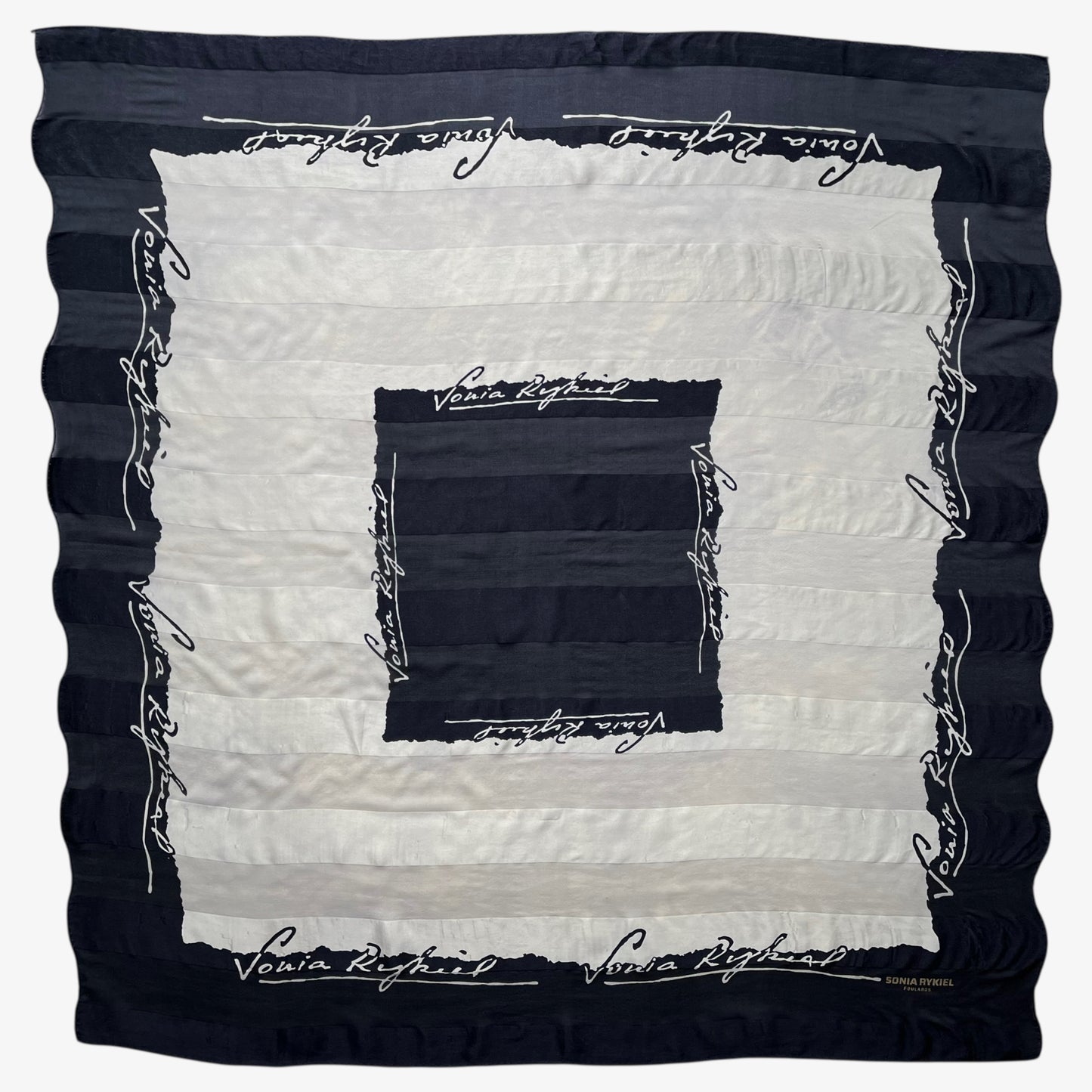 Vintage 90s women's Sonia Rykiel foulards black and white spell out print striped silk scarf.