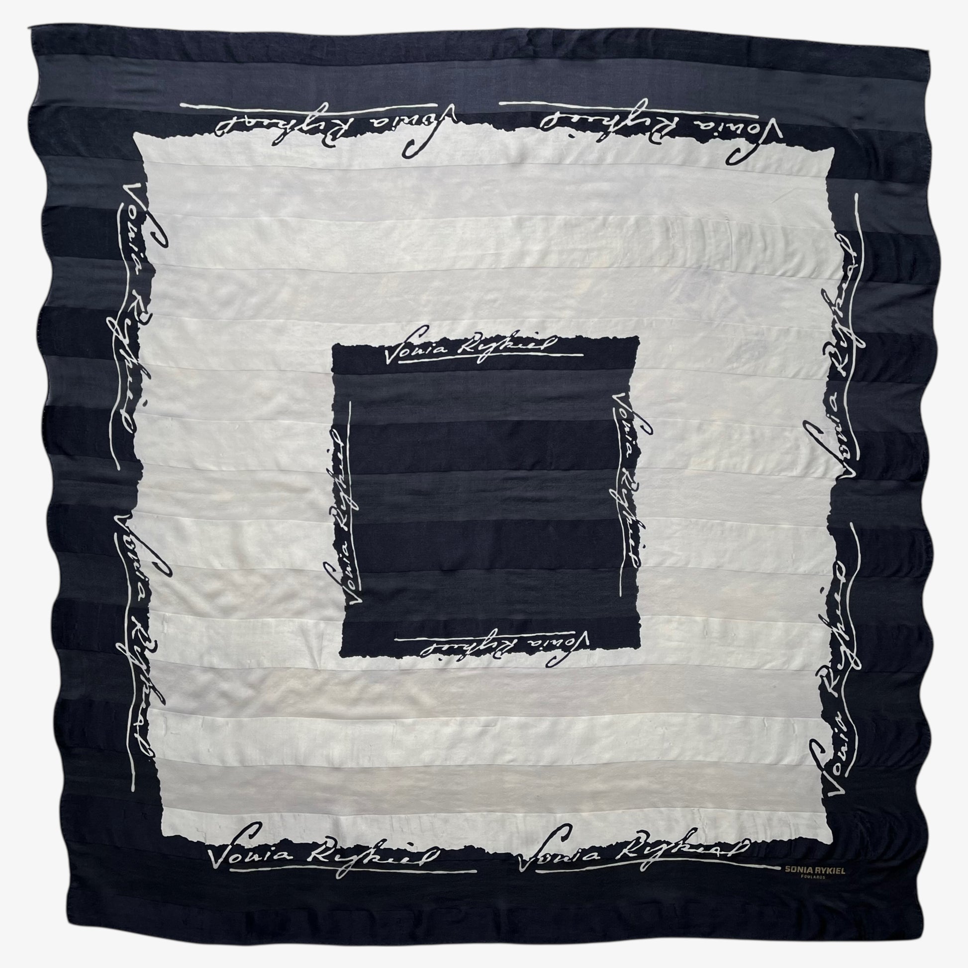Vintage 90s women's Sonia Rykiel foulards black and white spell out print striped silk scarf.