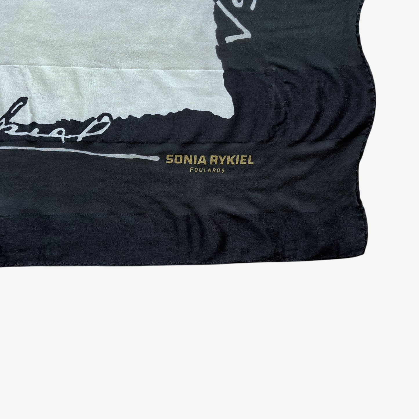 Sonia Rykiel spell out logo on vintage 90s women's black and white spell out print striped silk scarf.