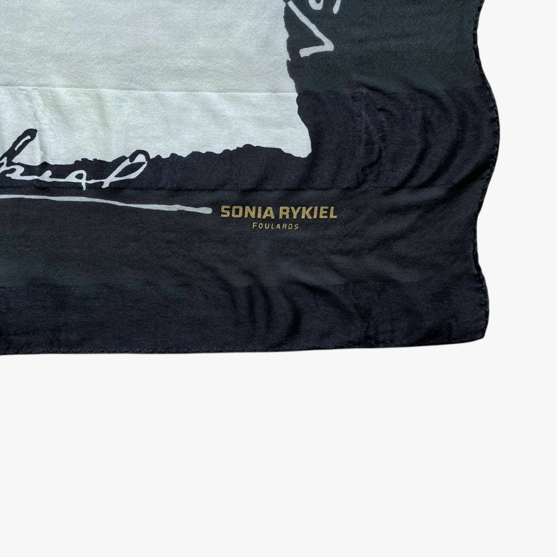 Sonia Rykiel spell out logo on vintage 90s women's black and white spell out print striped silk scarf.