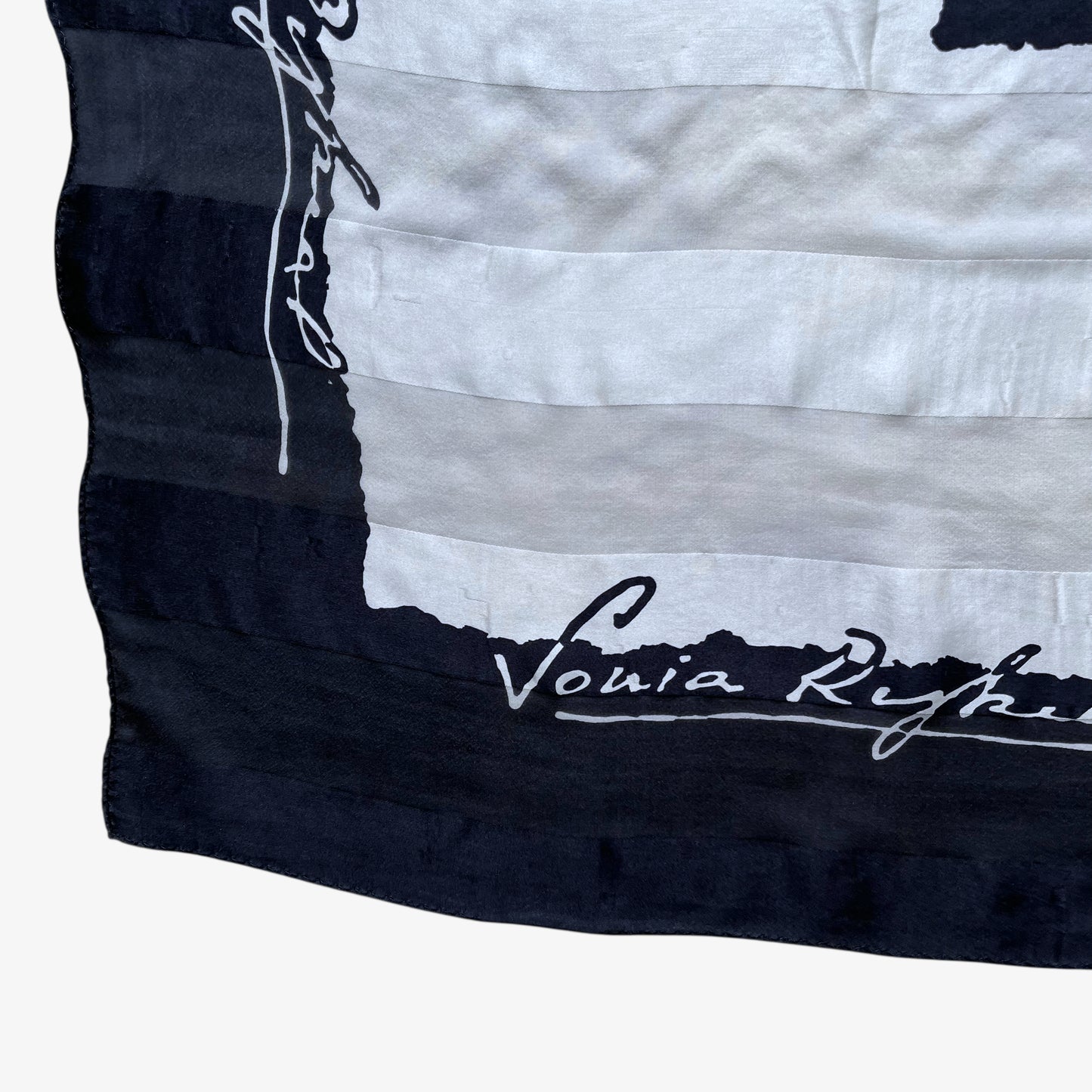 Patina on vintage 90s women's Sonia Rykiel foulards black and white spell out print striped silk scarf.