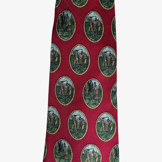 Vintage 90s The Custom Shop Geometric Golf Player Print Red Silk Tie Novelty - Casspios Dream