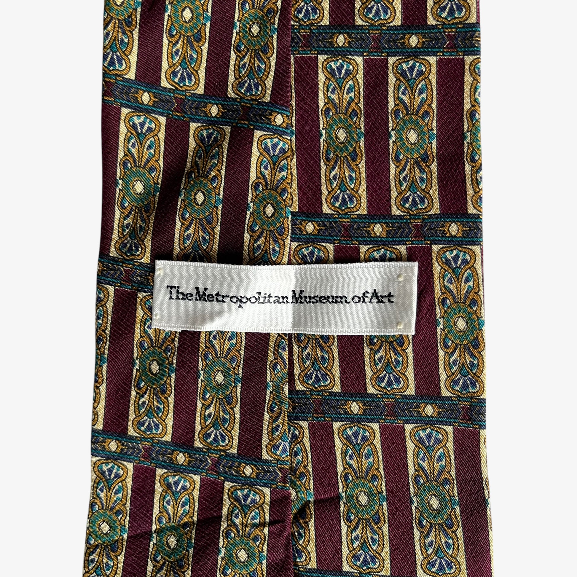 Vintage 90s The Metropolitan Museum Of Art Abstract Geometric Print Red Silk Tie Label - Casspios Dream