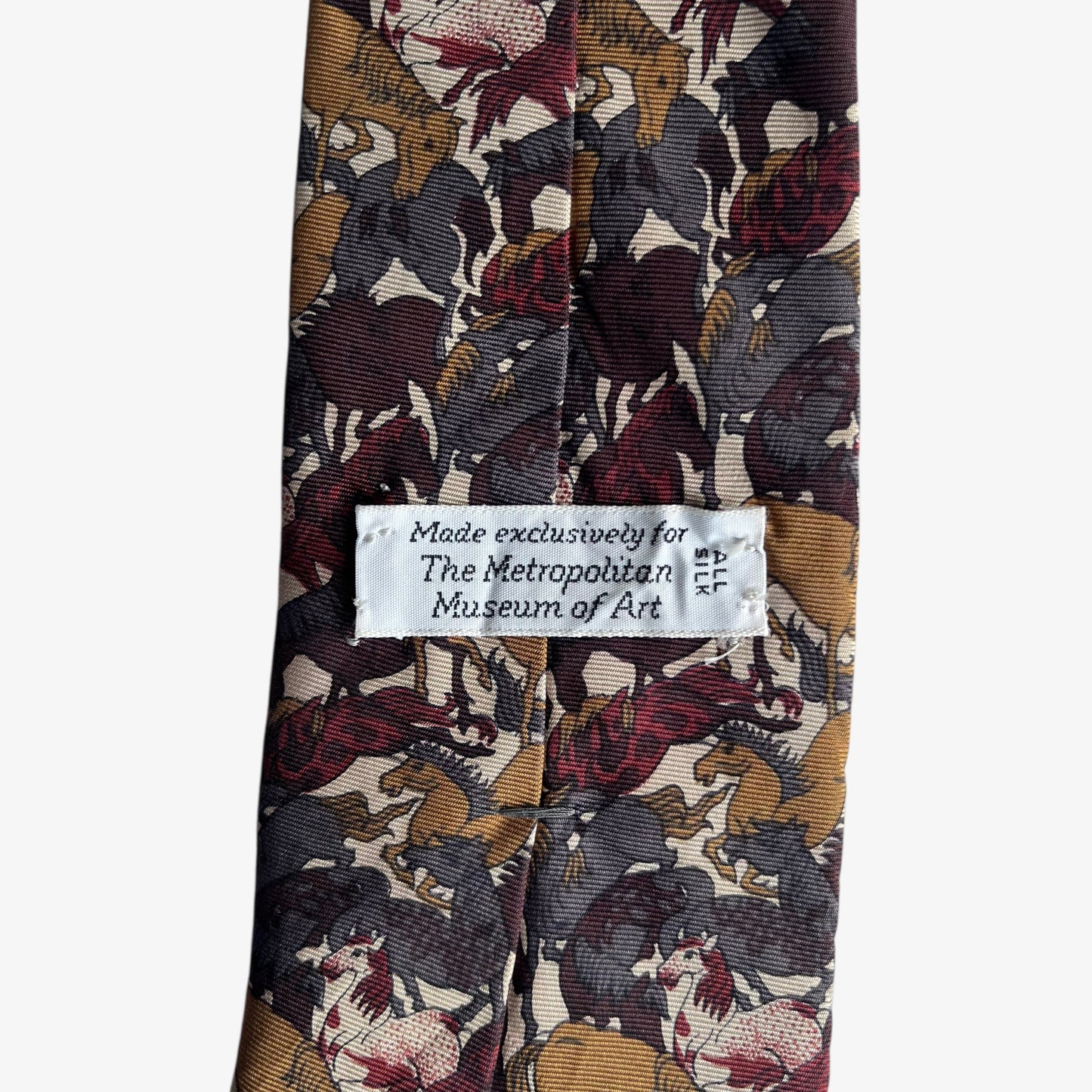 Vintage 90s The Metropolitan Museum Of Art Geometric Horse Print Silk Tie Label - Casspios Dream