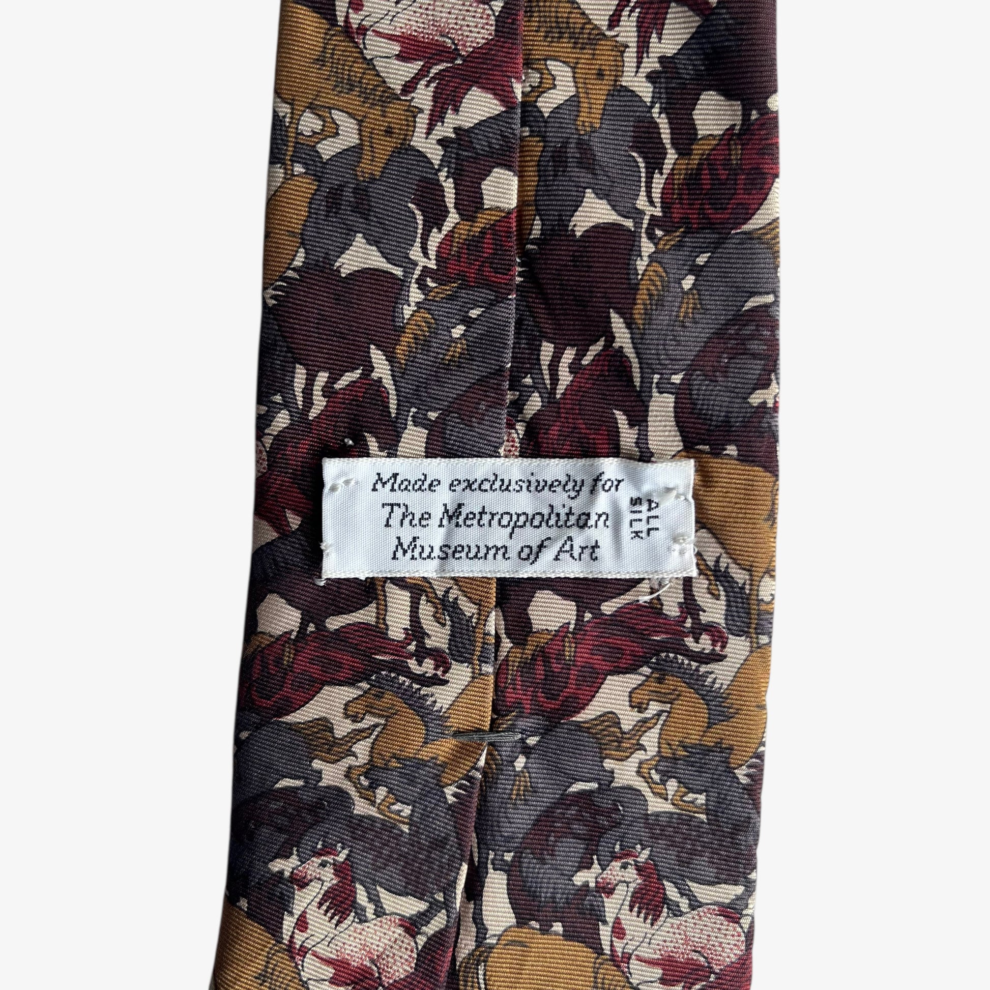 Vintage 90s The Metropolitan Museum Of Art Geometric Horse Print Silk Tie Label - Casspios Dream